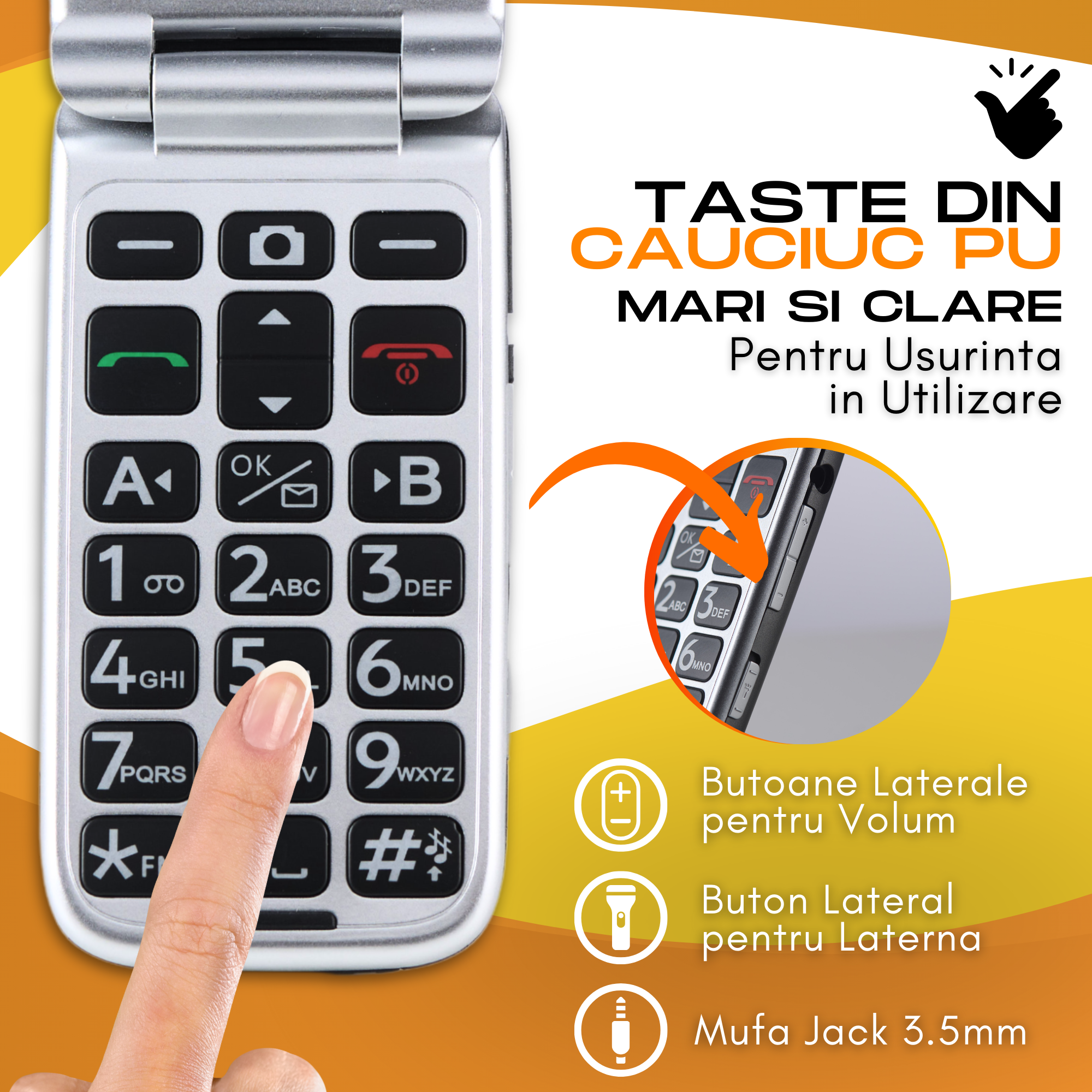 Telefon mobil cu clapeta pentru seniori, meniu in limba Romana, Stand incarcare, Retea 4G, Taste mari, Buton SOS, Micro SIM