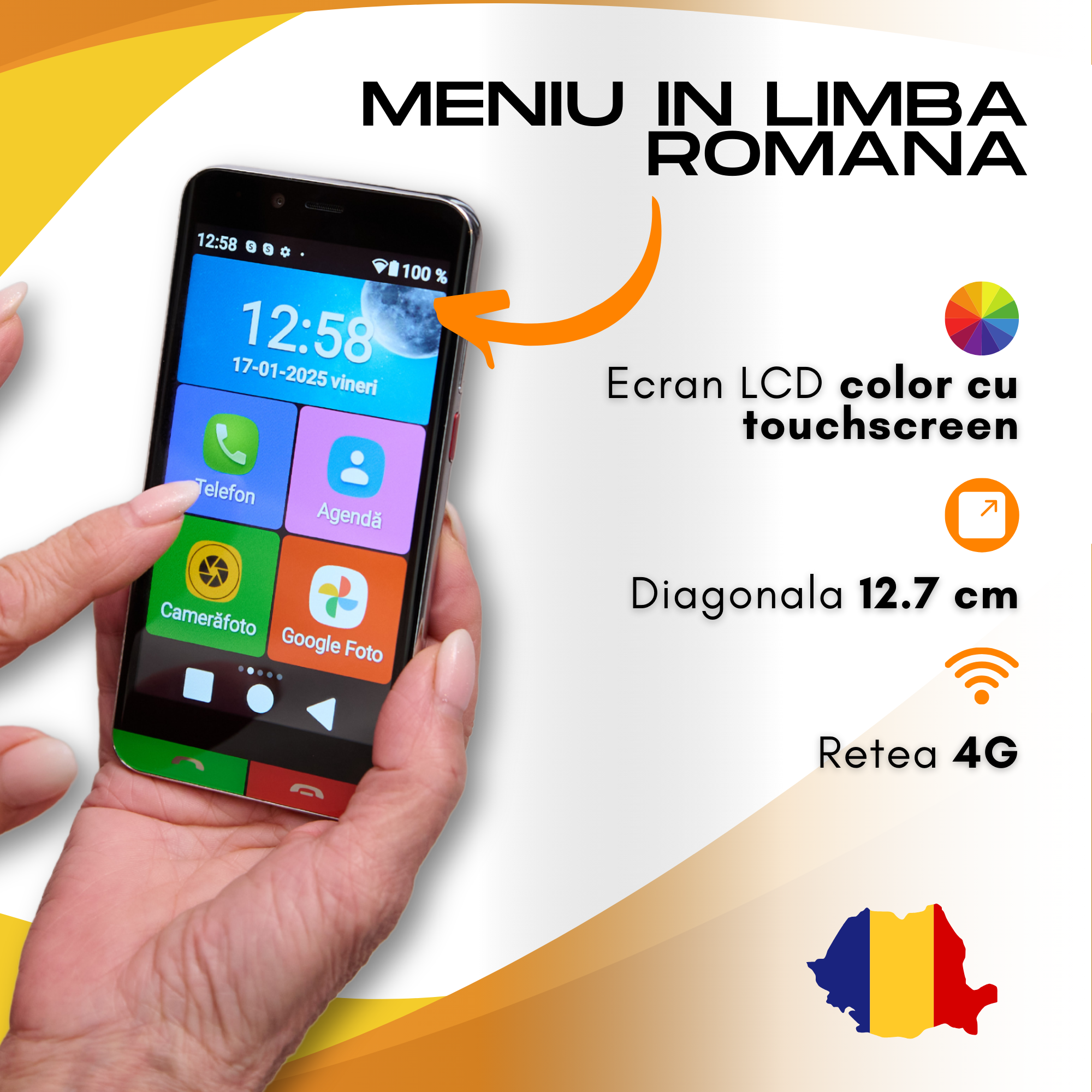 Telefon mobil pentru seniori, Smartphone pentru varstnici, bunici, pensionari, cu meniul in limba Romana, Buton SOS, retea 4G, Stand incarcare
