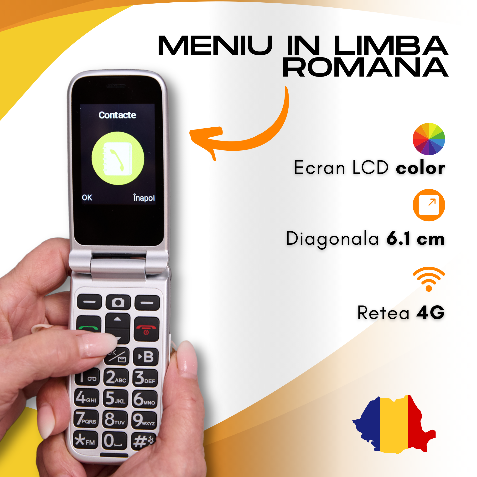 Telefon mobil cu clapeta pentru seniori, meniu in limba Romana, Stand incarcare, Retea 4G, Taste mari, Buton SOS, Micro SIM