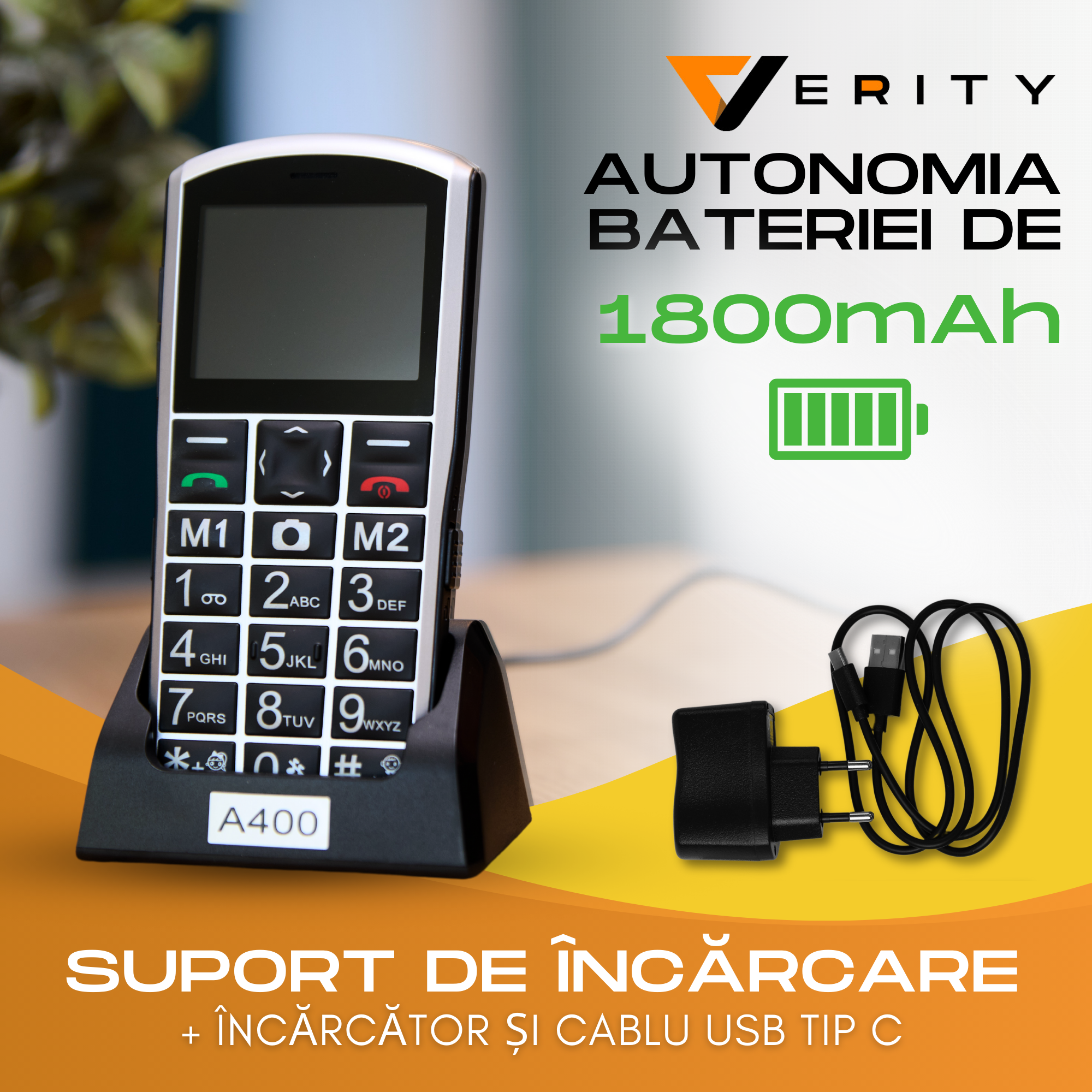 Telefon mobil pentru seniori, cu meniul in limba Romana, Stand pentru incarcare, taste mari, buton SOS, Dual SIM, retea 4G