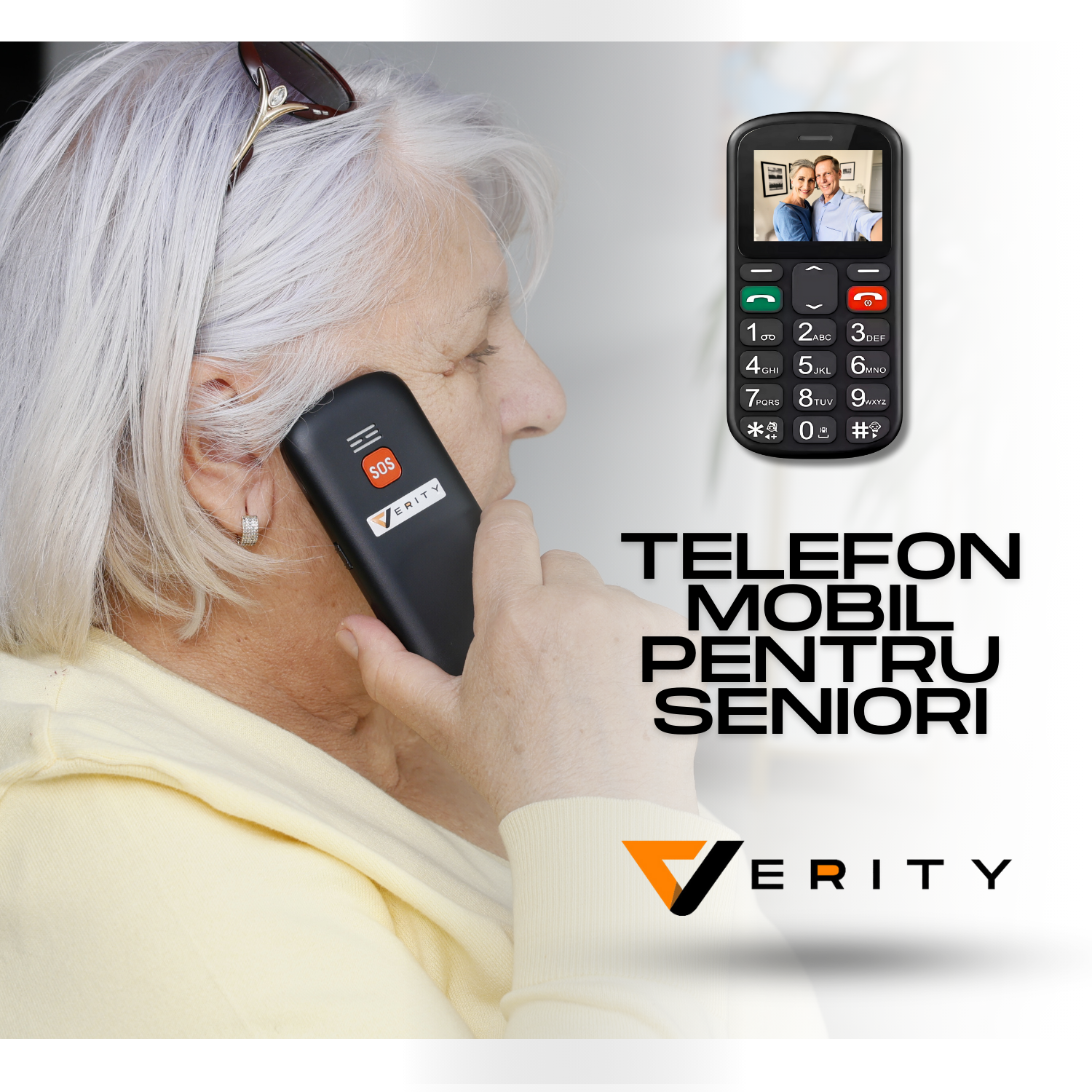 Telefon mobil pentru seniori, dual SIM, taste mari, meniu in limba Romana, buton SOS