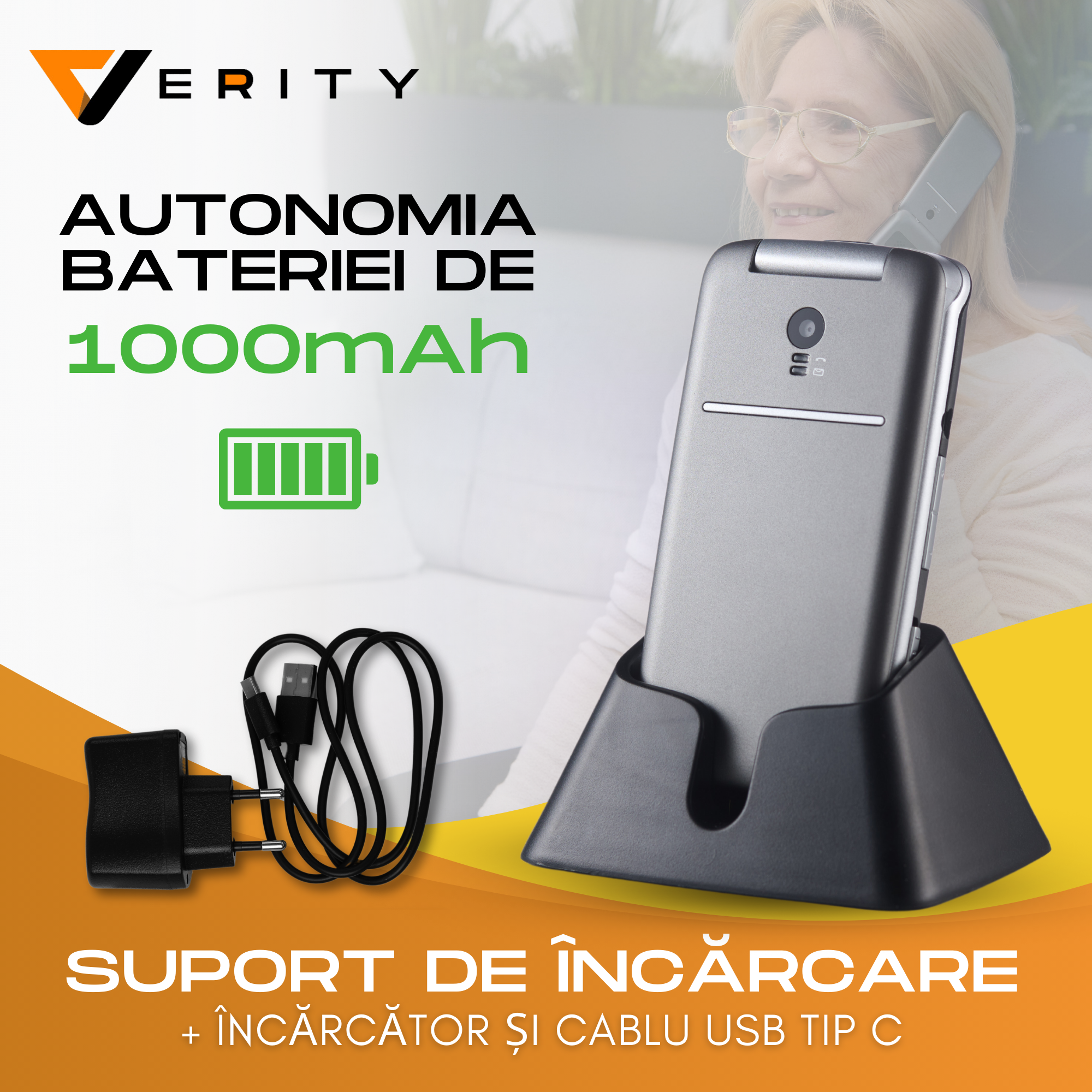 Telefon mobil cu clapeta pentru seniori, meniu in limba Romana, Stand incarcare, Retea 4G, Taste mari, Buton SOS, Micro SIM