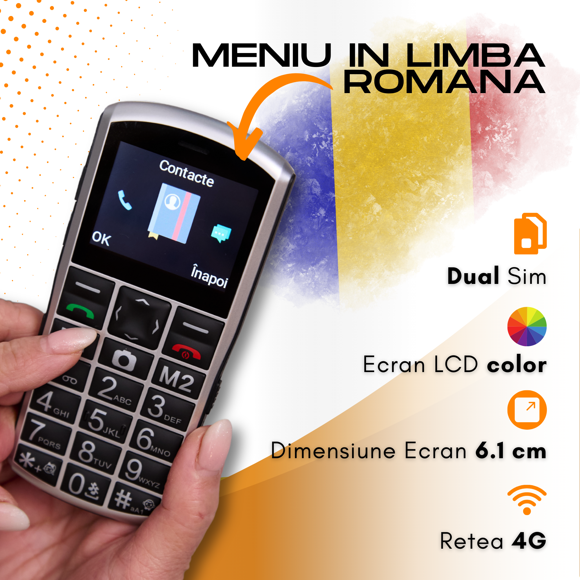 Telefon mobil pentru seniori, cu meniul in limba Romana, Stand pentru incarcare, taste mari, buton SOS, Dual SIM, retea 4G