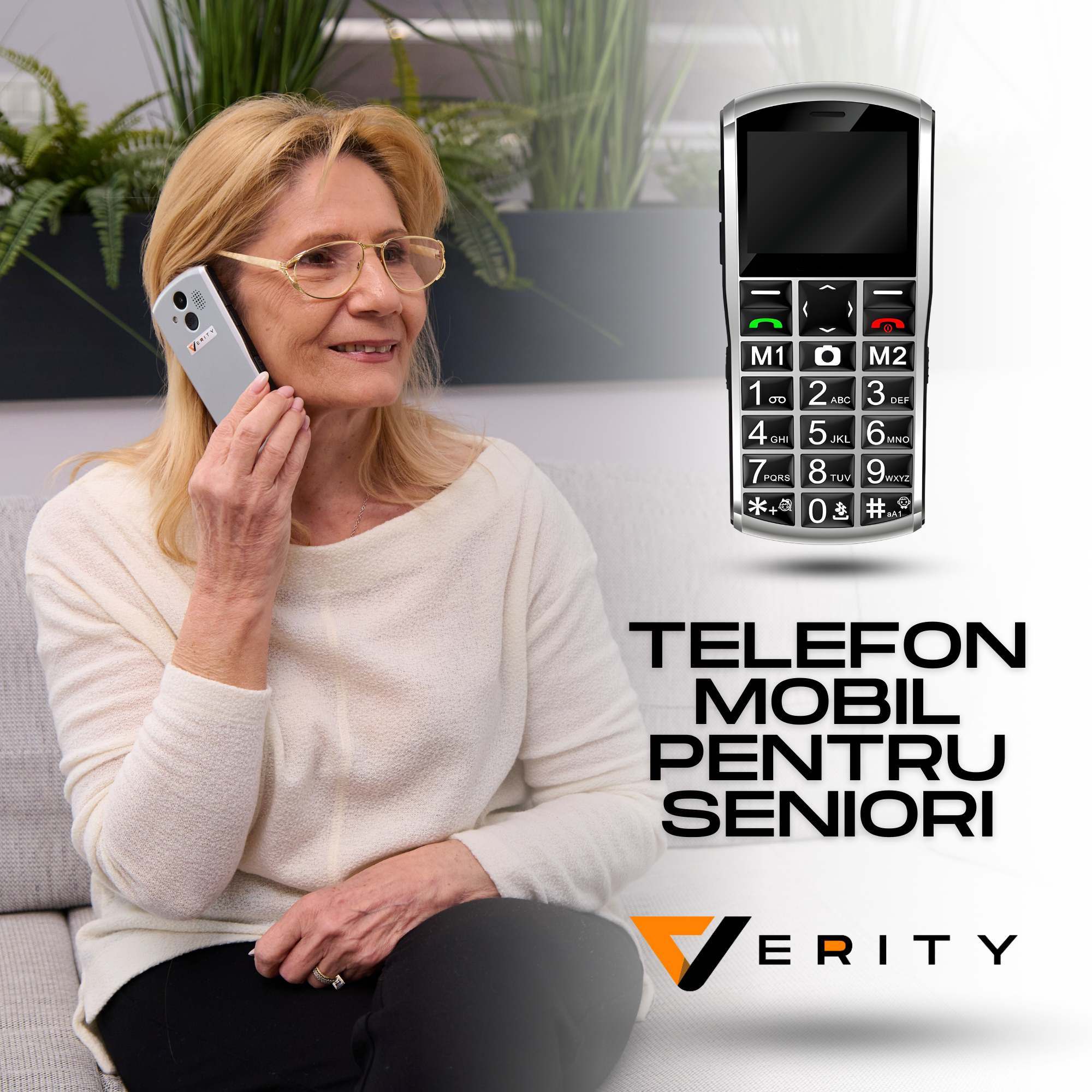 Telefon mobil pentru seniori, cu meniul in limba Romana, Stand pentru incarcare, taste mari, buton SOS, Dual SIM, retea 4G