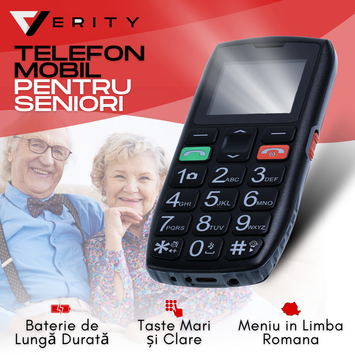 Telefon mobil pentru seniori, cu meniul in limba Romana, taste mari, buton SOS, micro SIM, retea 4G