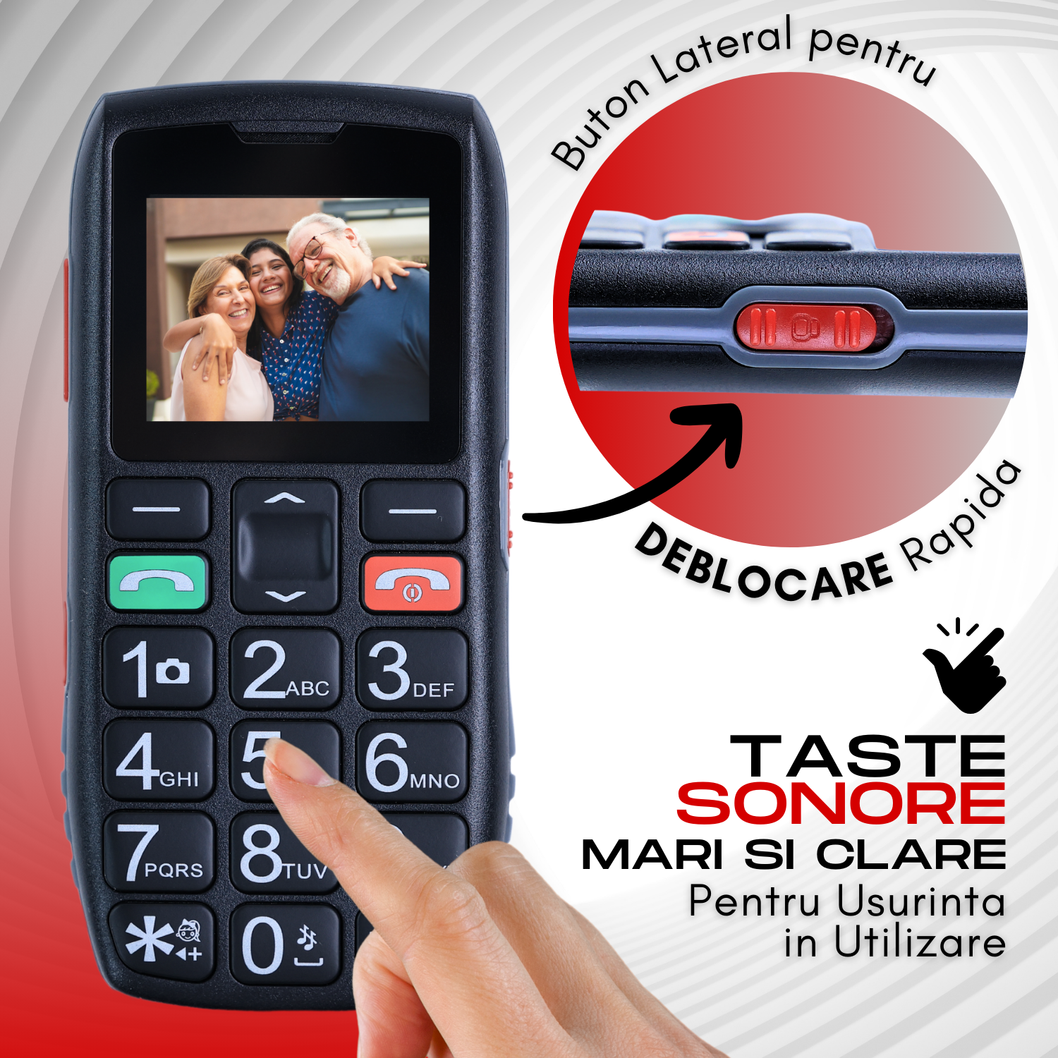 Telefon mobil pentru seniori, cu meniul in limba Romana, taste mari, buton SOS, micro SIM, retea 4G