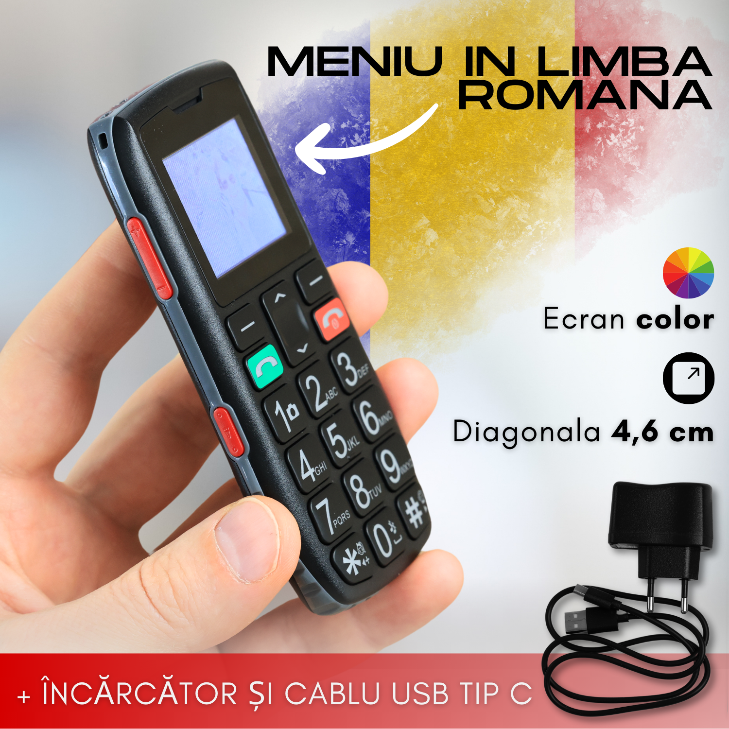 Telefon mobil pentru seniori, cu meniul in limba Romana, taste mari, buton SOS, micro SIM, retea 4G