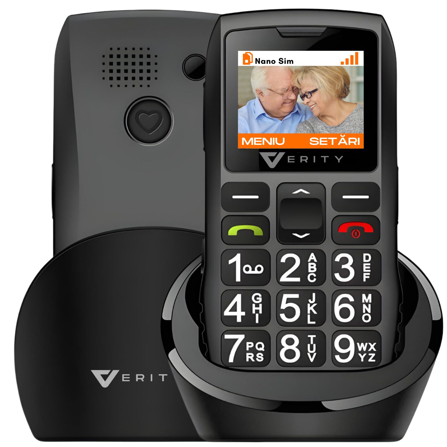 Telefon mobil pentru seniori, model C1+, cu meniul in limba Romana, Stand pentru incarcare, taste mari, buton SOS, micro SIM, retea 4G