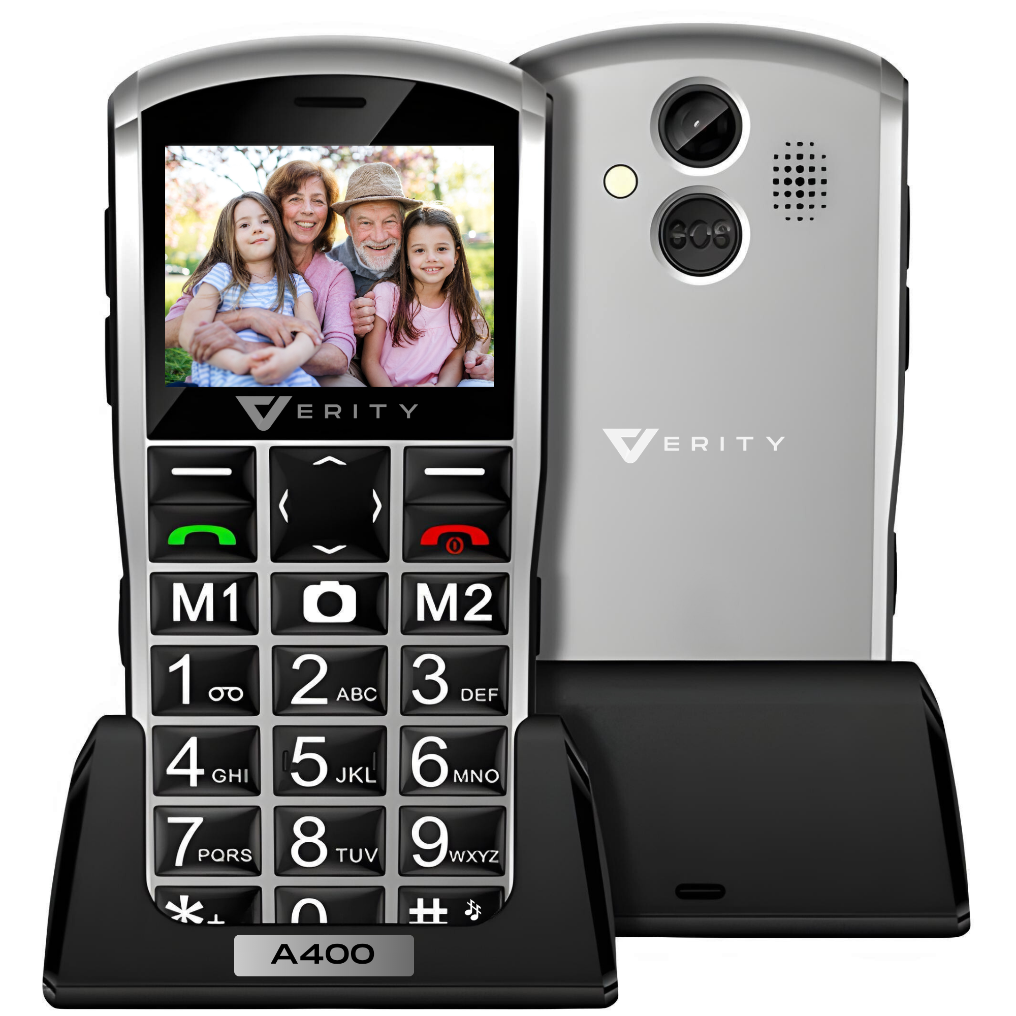 Telefon mobil pentru seniori, model A400, cu meniul in limba Romana, Stand pentru incarcare, taste mari, buton SOS, Dual SIM, retea 4G