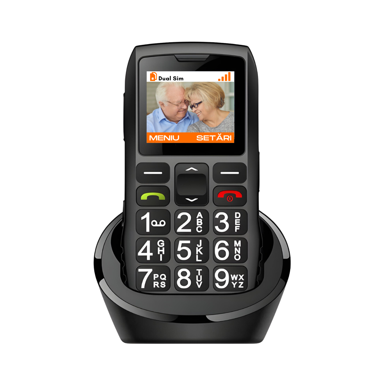 Telefon mobil pentru seniori, cu meniul in limba Romana, Stand pentru incarcare, taste mari, buton SOS, micro SIM, retea 4G
