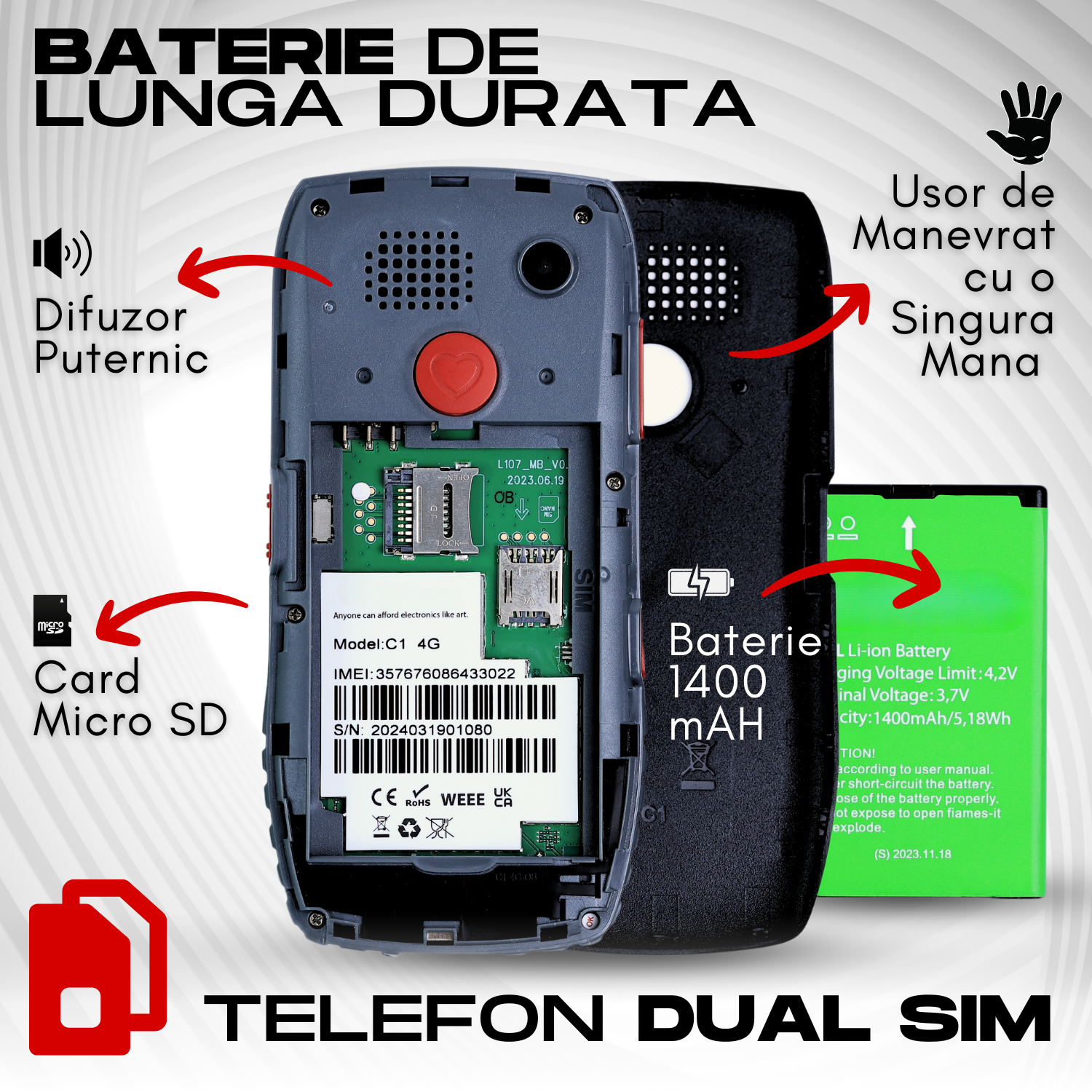 Telefon mobil pentru seniori, cu meniul in limba Romana, taste mari, buton SOS, micro SIM, retea 4G