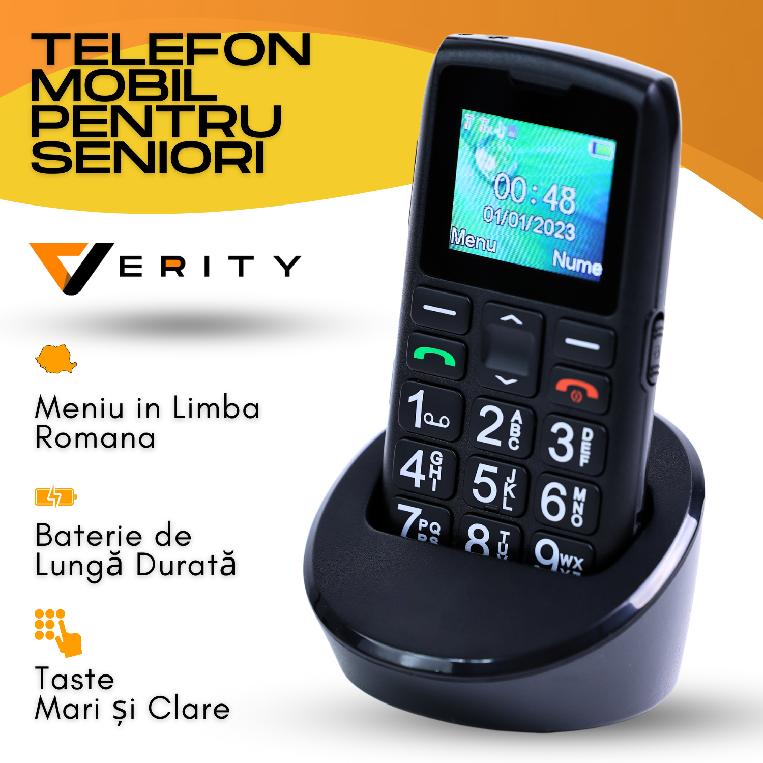 Telefon mobil pentru seniori, cu meniul in limba Romana, Stand pentru incarcare, taste mari, buton SOS, micro SIM, retea 4G