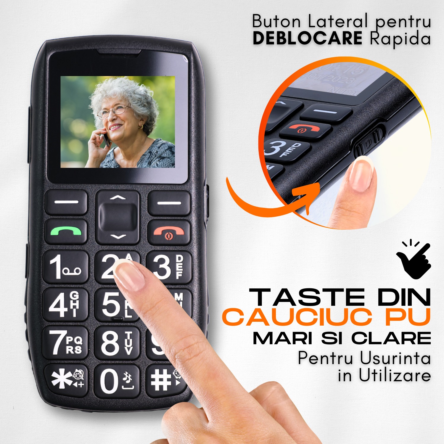 Telefon mobil pentru seniori, cu meniul in limba Romana, Stand pentru incarcare, taste mari, buton SOS, micro SIM, retea 4G