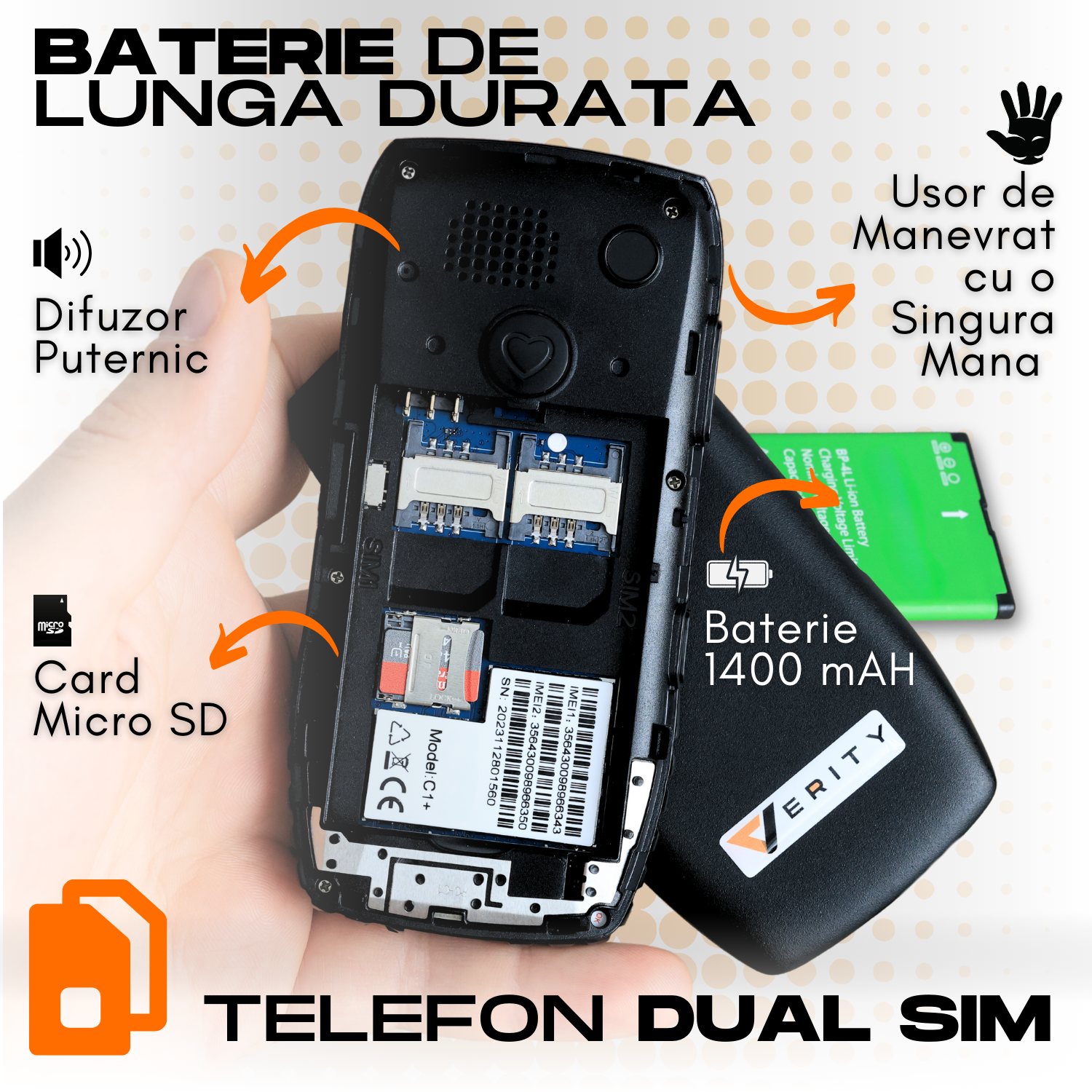 Telefon mobil pentru seniori, cu meniul in limba Romana, Stand pentru incarcare, taste mari, buton SOS, micro SIM, retea 4G