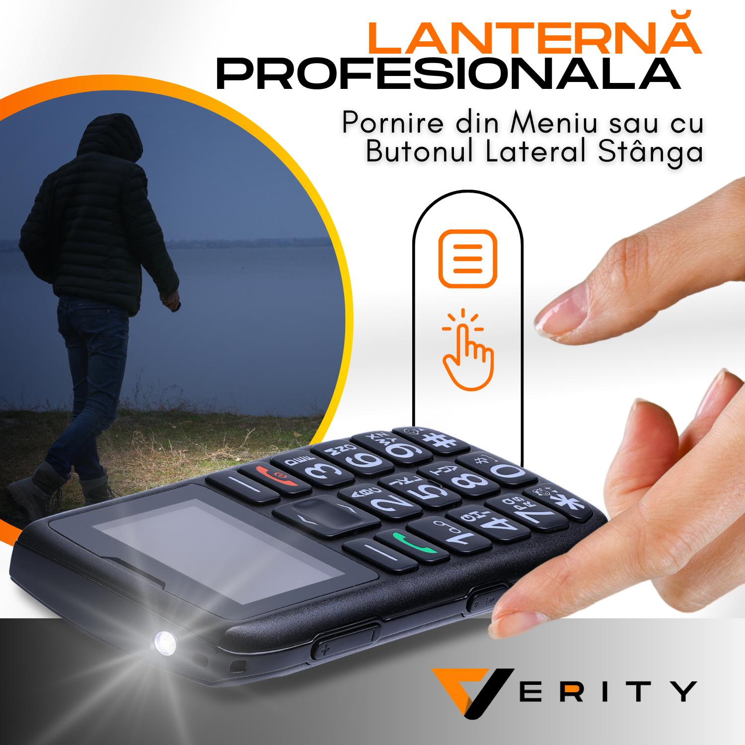 Telefon mobil pentru seniori, cu meniul in limba Romana, Stand pentru incarcare, taste mari, buton SOS, micro SIM, retea 4G