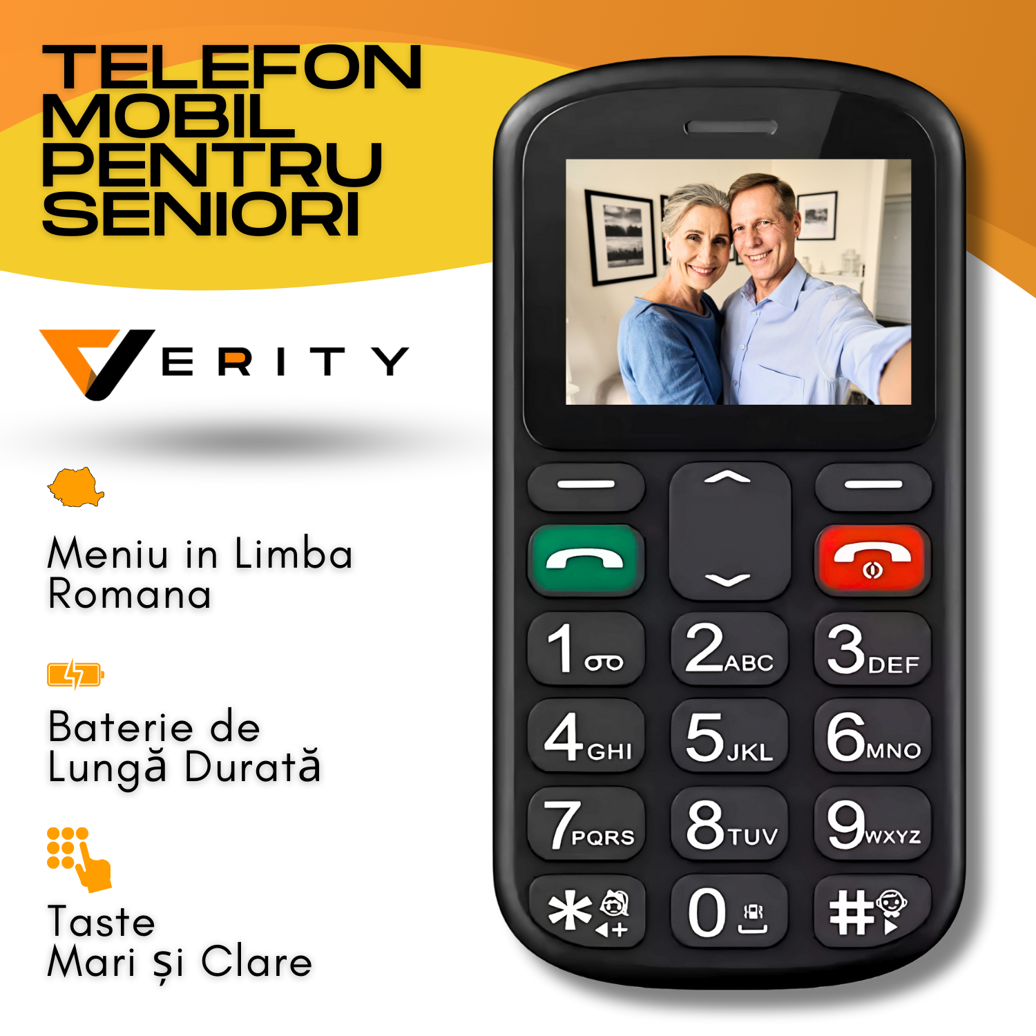 Telefon mobil pentru seniori, dual SIM, taste mari, meniu in limba Romana, buton SOS