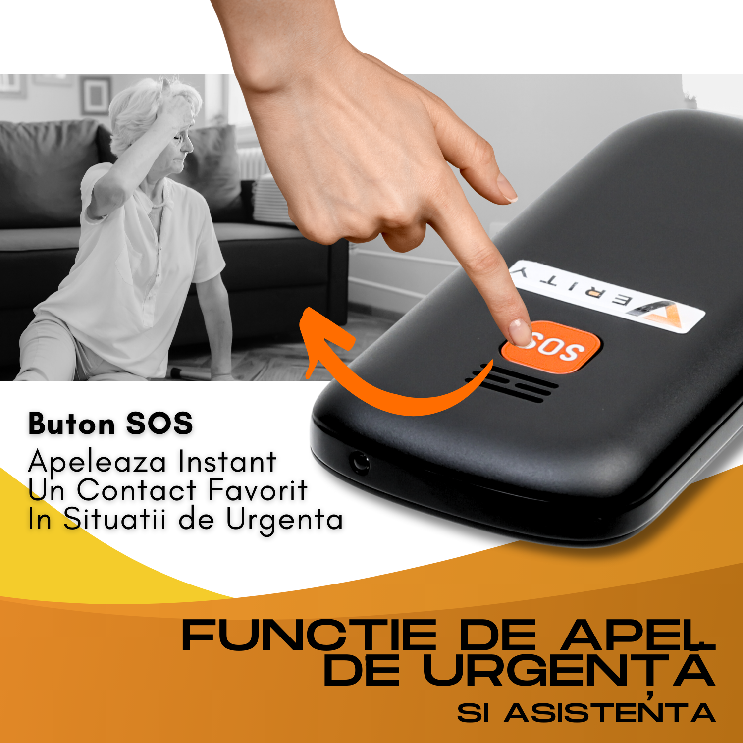 Telefon mobil pentru seniori, dual SIM, taste mari, meniu in limba Romana, buton SOS