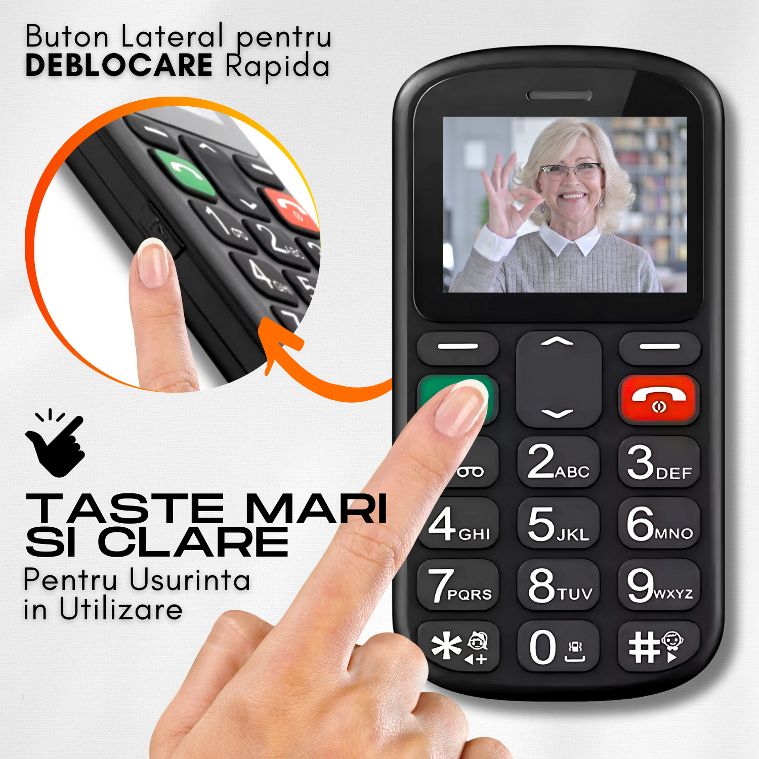 Telefon mobil pentru seniori, dual SIM, taste mari, meniu in limba Romana, buton SOS