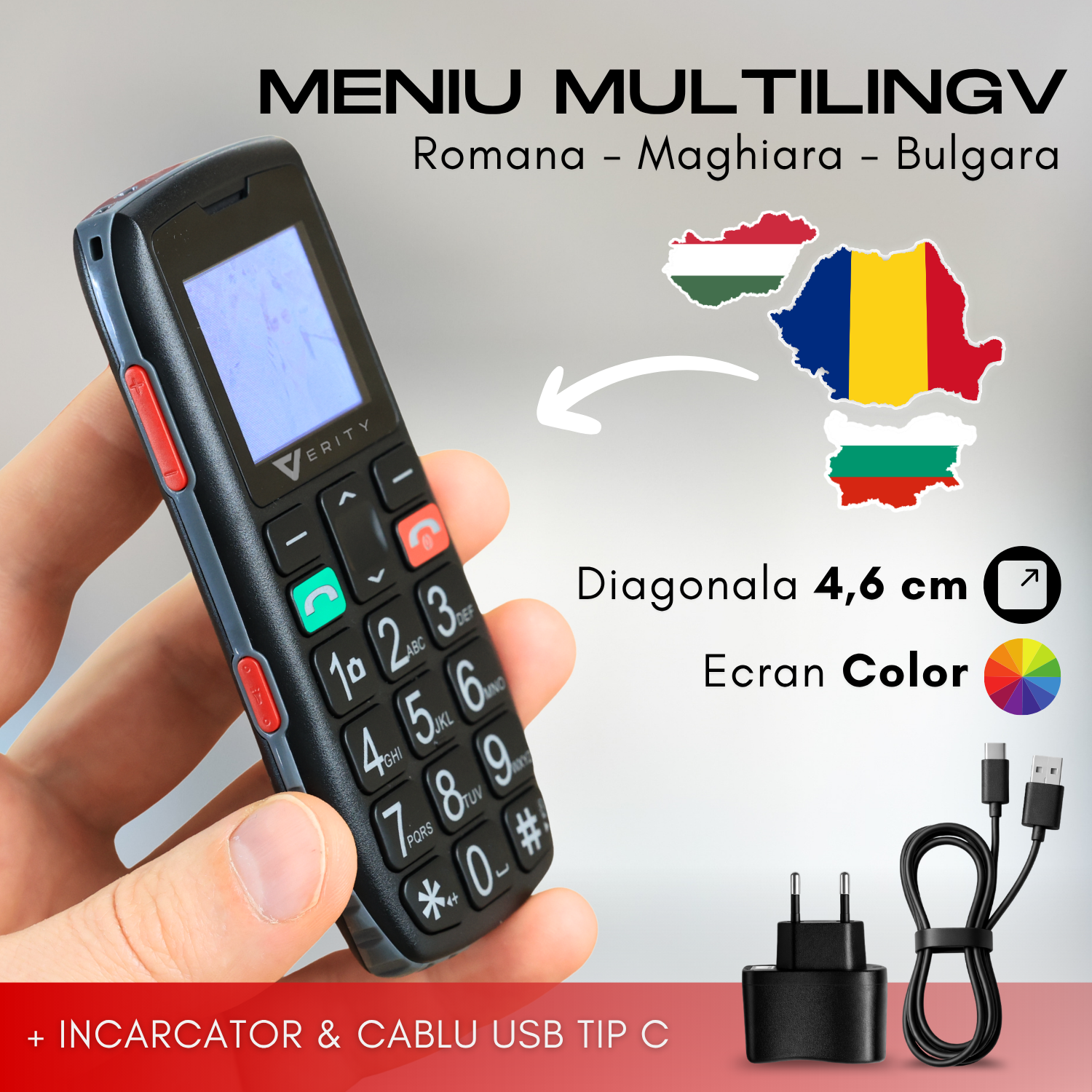 Telefon mobil pentru seniori, model C1, cu meniul in limba Romana, taste mari, buton SOS, micro SIM, retea 4G