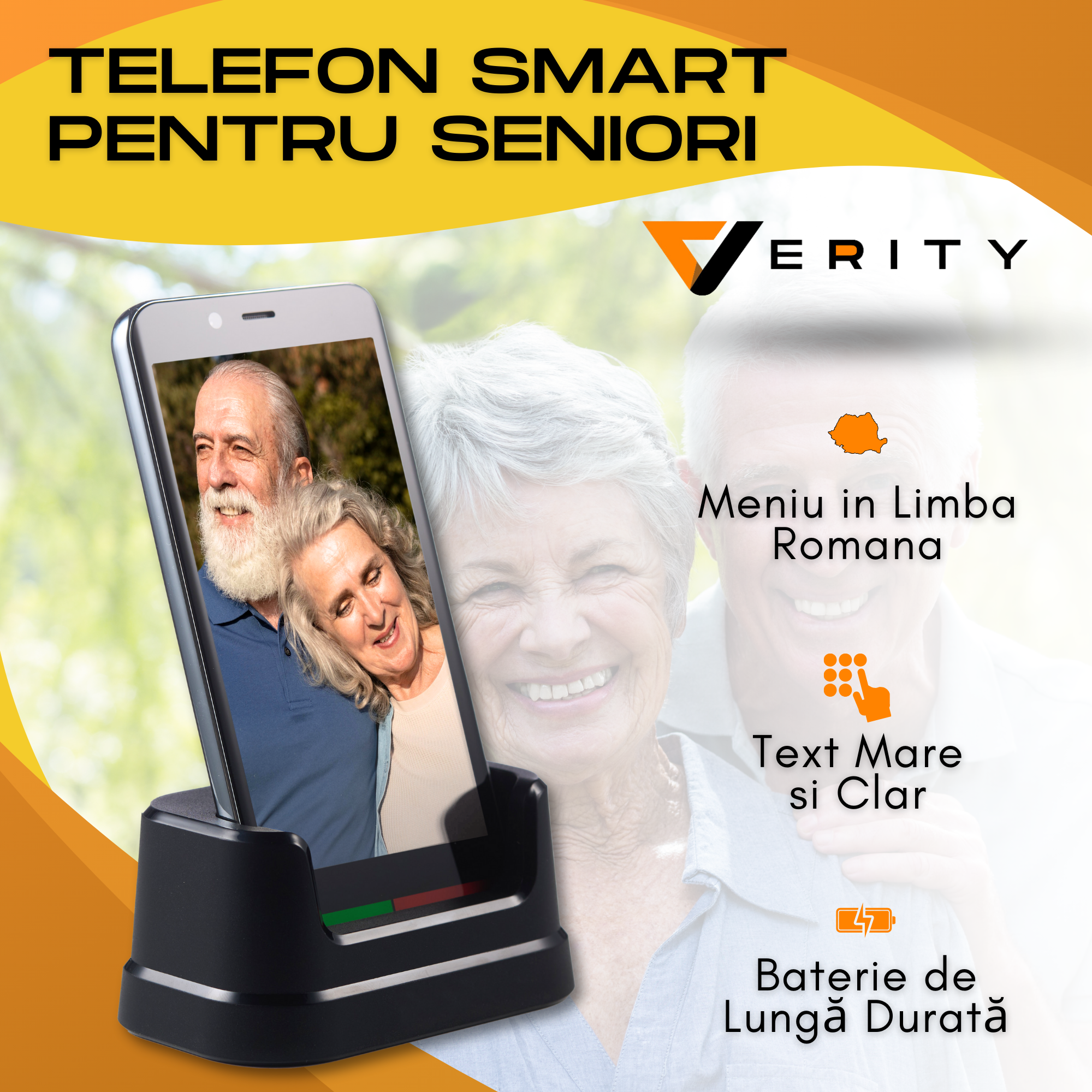 Telefon mobil pentru seniori, Smartphone pentru varstnici, bunici, pensionari, cu meniul in limba Romana, Buton SOS, retea 4G, Stand incarcare