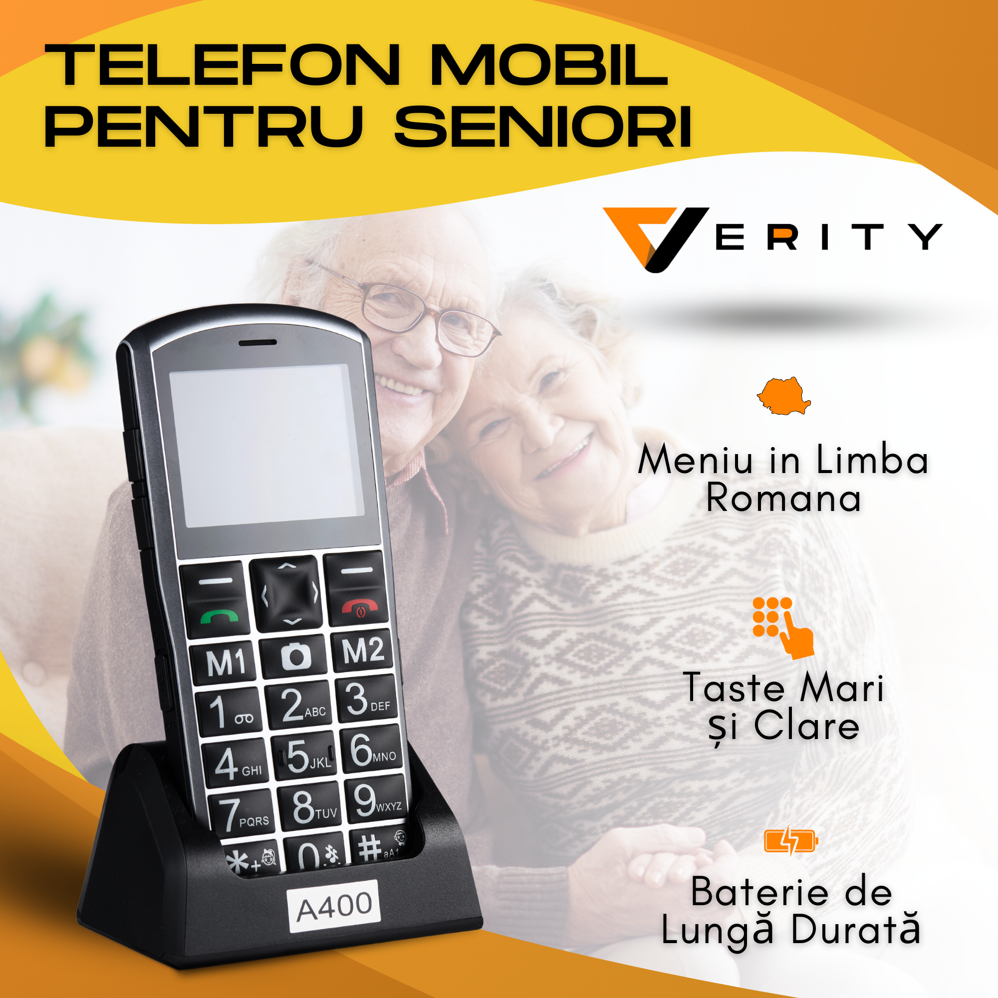 Telefon mobil pentru seniori, cu meniul in limba Romana, Stand pentru incarcare, taste mari, buton SOS, Dual SIM, retea 4G