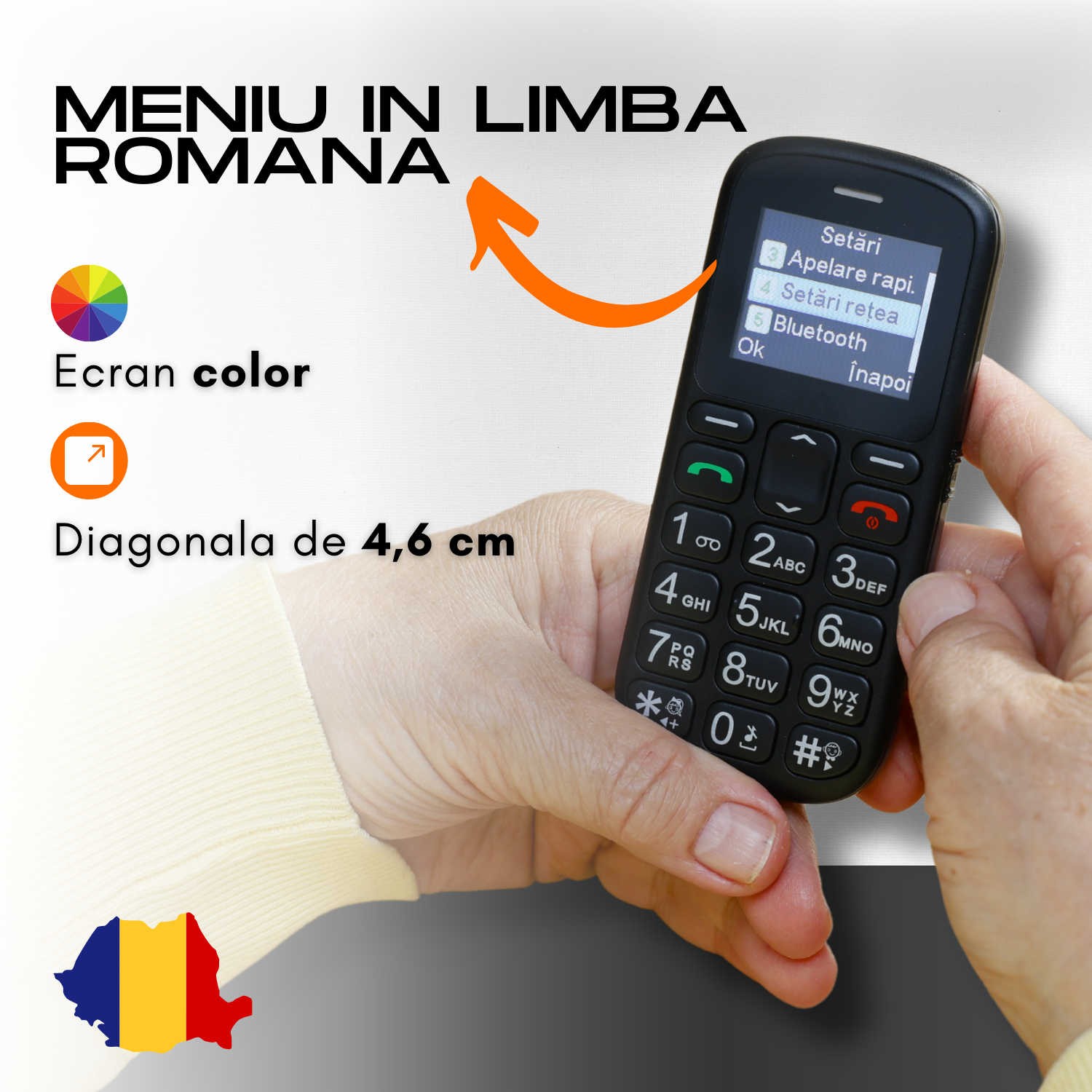 Telefon mobil pentru seniori, dual SIM, taste mari, meniu in limba Romana, buton SOS