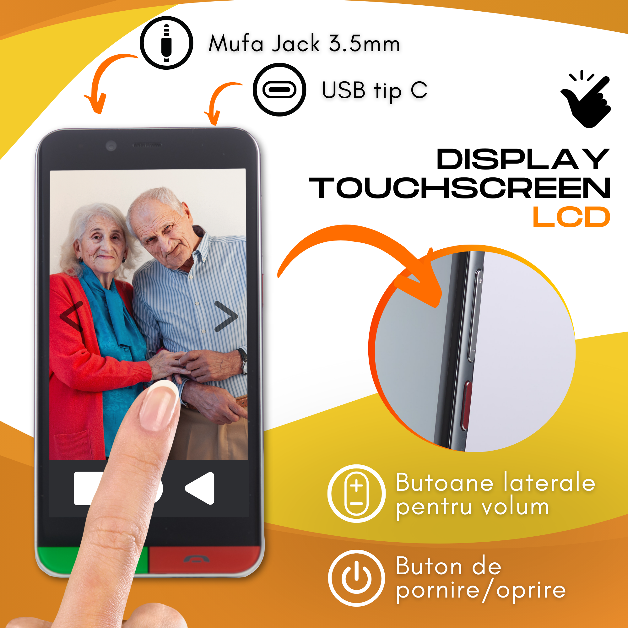 Telefon mobil pentru seniori, Smartphone pentru varstnici, bunici, pensionari, cu meniul in limba Romana, Buton SOS, retea 4G, Stand incarcare