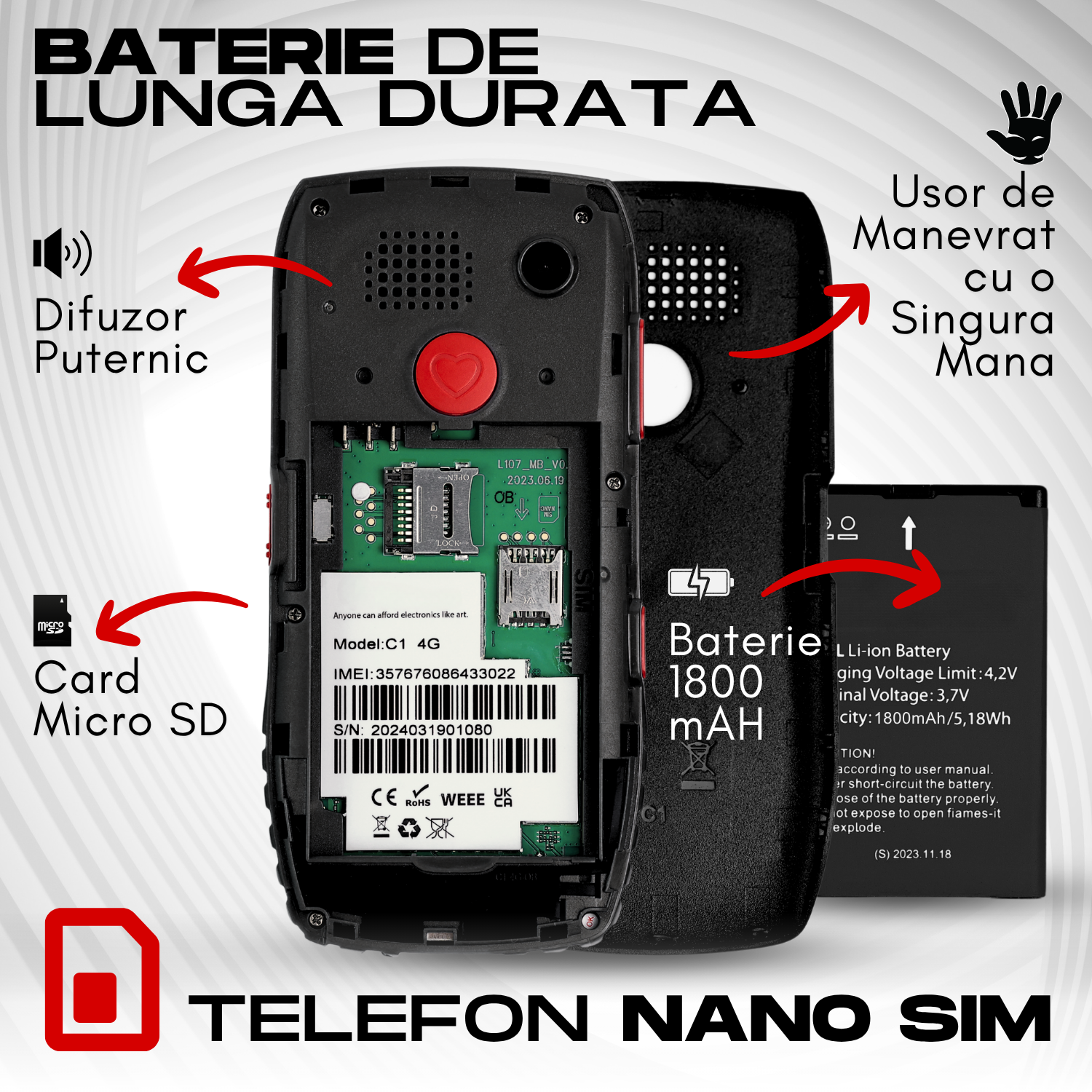 Telefon mobil pentru seniori, model C1, cu meniul in limba Romana, taste mari, buton SOS, micro SIM, retea 4G