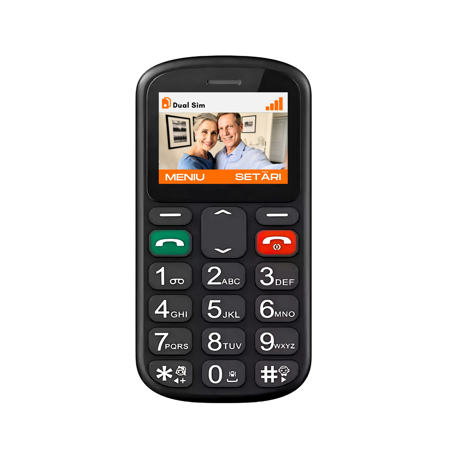 Telefon mobil pentru seniori, dual SIM, taste mari, meniu in limba Romana, buton SOS