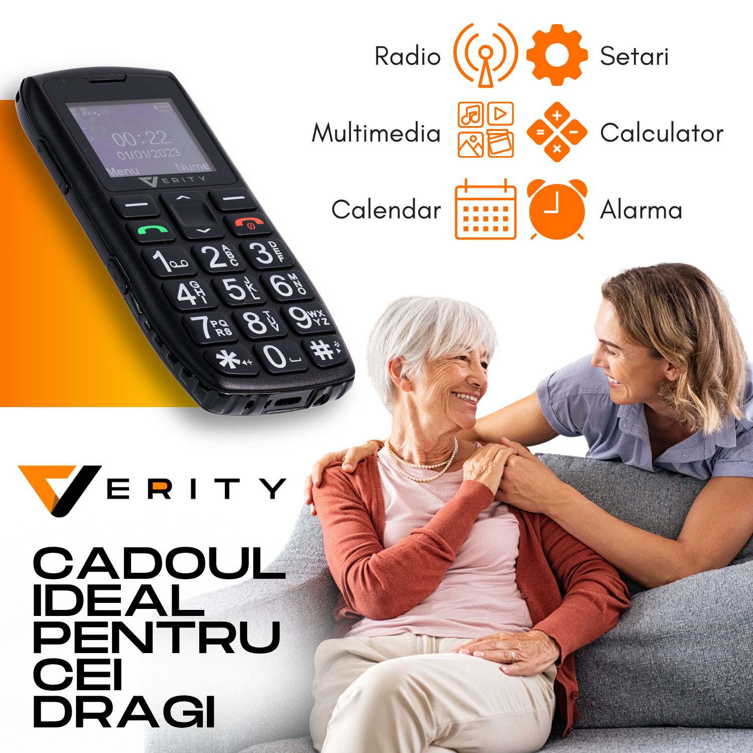 Telefon mobil pentru seniori, model C1+, cu meniul in limba Romana, Stand pentru incarcare, taste mari, buton SOS, micro SIM, retea 4G