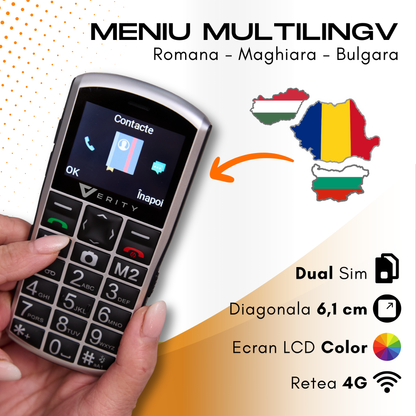 Telefon mobil pentru seniori, model A400, cu meniul in limba Romana, Stand pentru incarcare, taste mari, buton SOS, Dual SIM, retea 4G