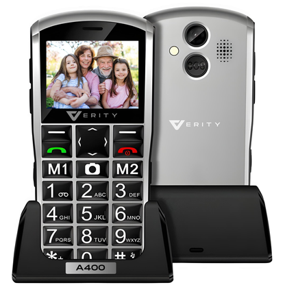 Telefon mobil pentru seniori, model A400, cu meniul in limba Romana, Stand pentru incarcare, taste mari, buton SOS, Dual SIM, retea 4G
