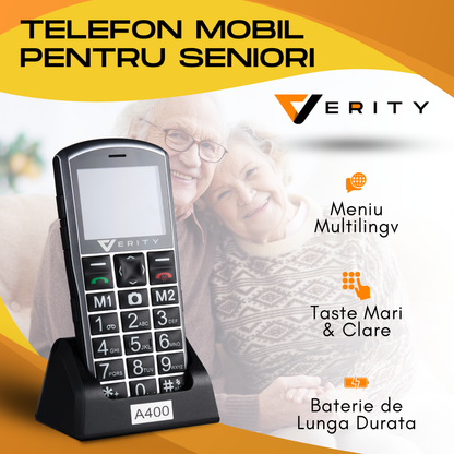 Telefon mobil pentru seniori, model A400, cu meniul in limba Romana, Stand pentru incarcare, taste mari, buton SOS, Dual SIM, retea 4G