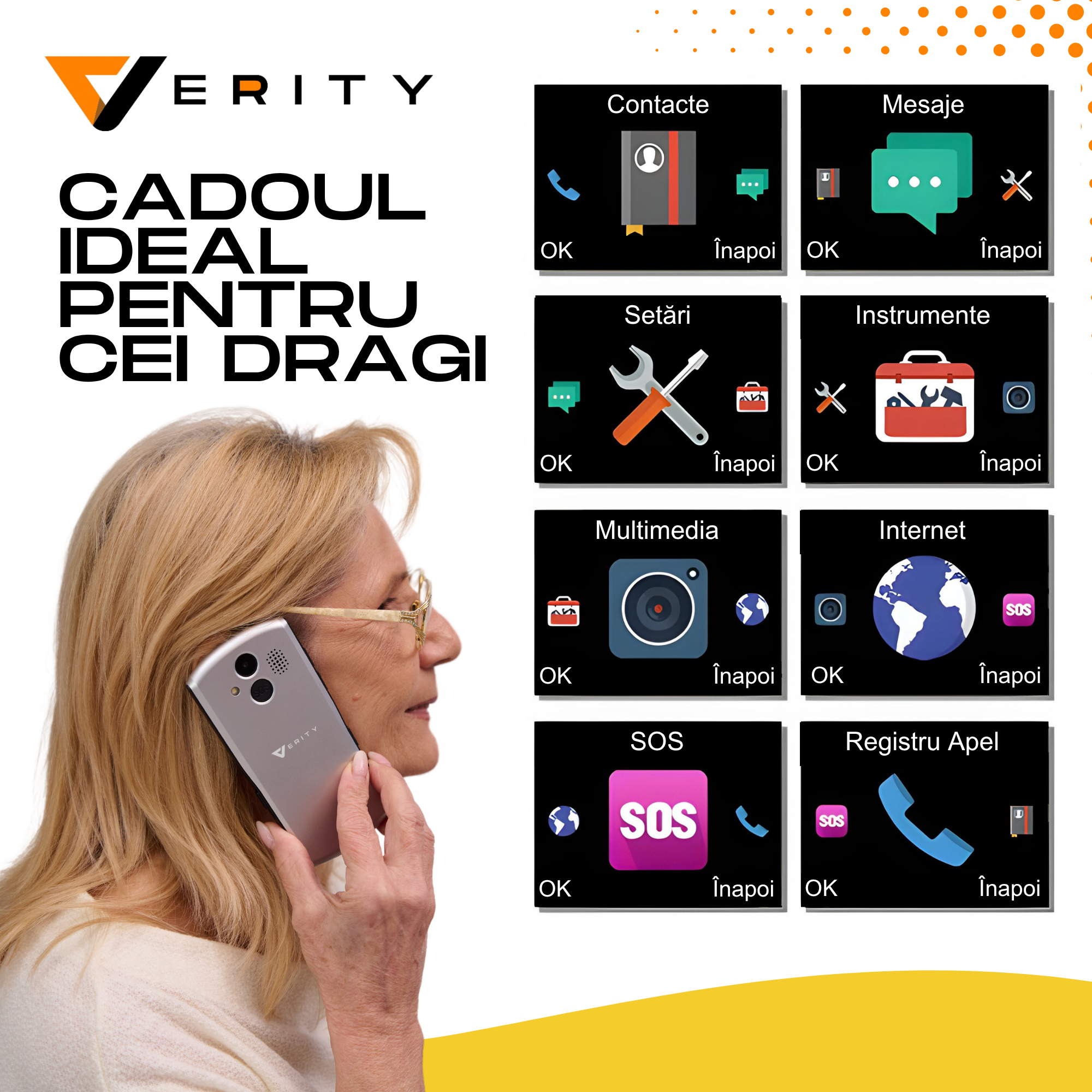 Telefon mobil pentru seniori, model A400, cu meniul in limba Romana, Stand pentru incarcare, taste mari, buton SOS, Dual SIM, retea 4G