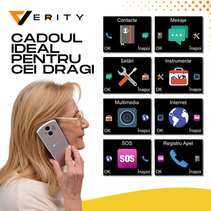 Telefon mobil pentru seniori, model A400, cu meniul in limba Romana, Stand pentru incarcare, taste mari, buton SOS, Dual SIM, retea 4G