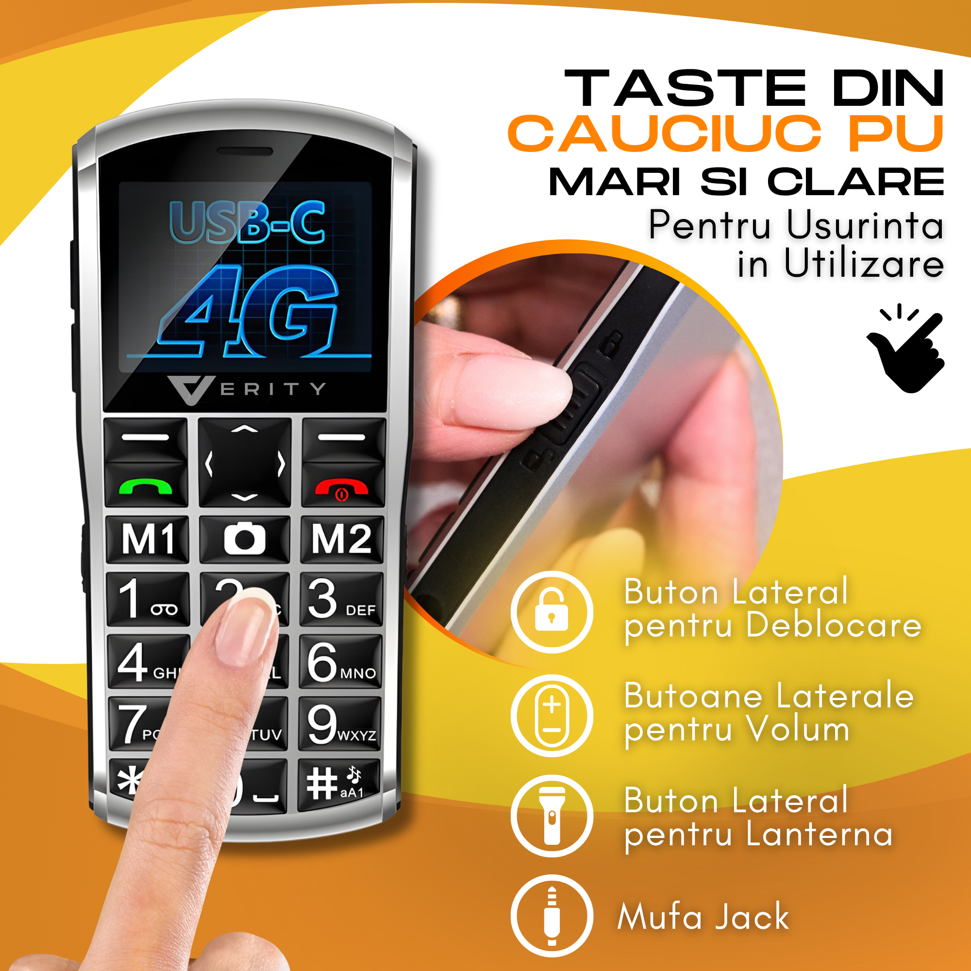 Telefon mobil pentru seniori, model A400, cu meniul in limba Romana, Stand pentru incarcare, taste mari, buton SOS, Dual SIM, retea 4G