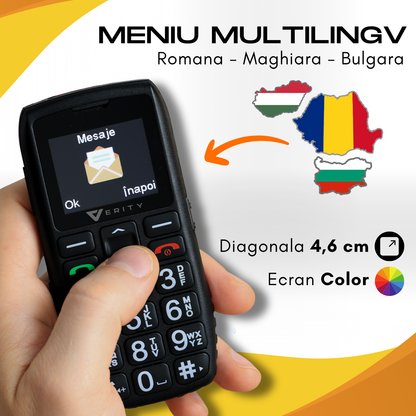 Telefon mobil pentru seniori, model C1+, cu meniul in limba Romana, Stand pentru incarcare, taste mari, buton SOS, micro SIM, retea 4G