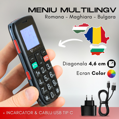 Telefon mobil pentru seniori, model C1, cu meniul in limba Romana, taste mari, buton SOS, micro SIM, retea 4G