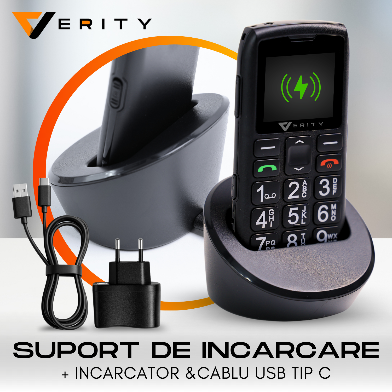 Telefon mobil pentru seniori, model C1+, cu meniul in limba Romana, Stand pentru incarcare, taste mari, buton SOS, micro SIM, retea 4G