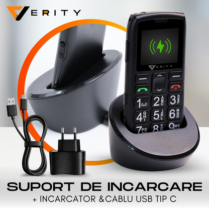 Telefon mobil pentru seniori, model C1+, cu meniul in limba Romana, Stand pentru incarcare, taste mari, buton SOS, micro SIM, retea 4G