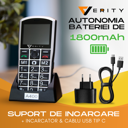Telefon mobil pentru seniori, model A400, cu meniul in limba Romana, Stand pentru incarcare, taste mari, buton SOS, Dual SIM, retea 4G