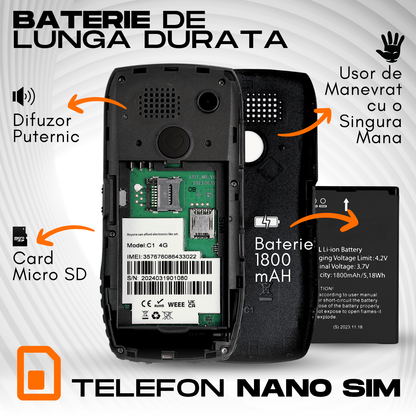 Telefon mobil pentru seniori, model C1+, cu meniul in limba Romana, Stand pentru incarcare, taste mari, buton SOS, micro SIM, retea 4G