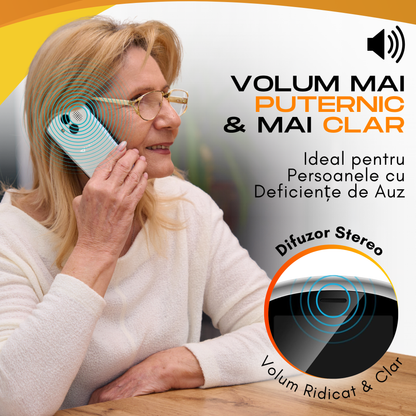 Telefon mobil pentru seniori, model A400, cu meniul in limba Romana, Stand pentru incarcare, taste mari, buton SOS, Dual SIM, retea 4G